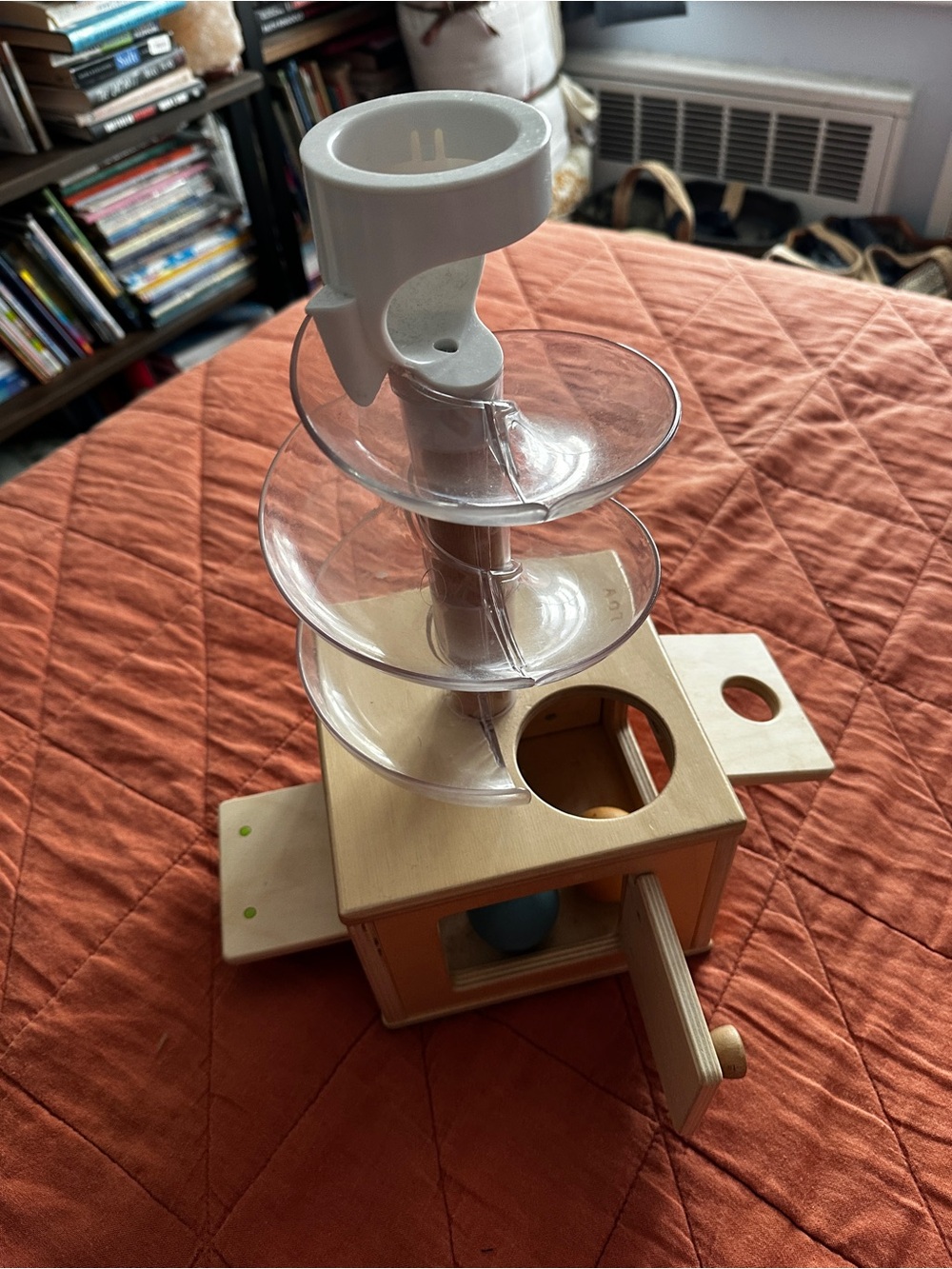 Wooden Slide and Seek ball run with Clear Spiral Feeder - Natural Wood and Clear